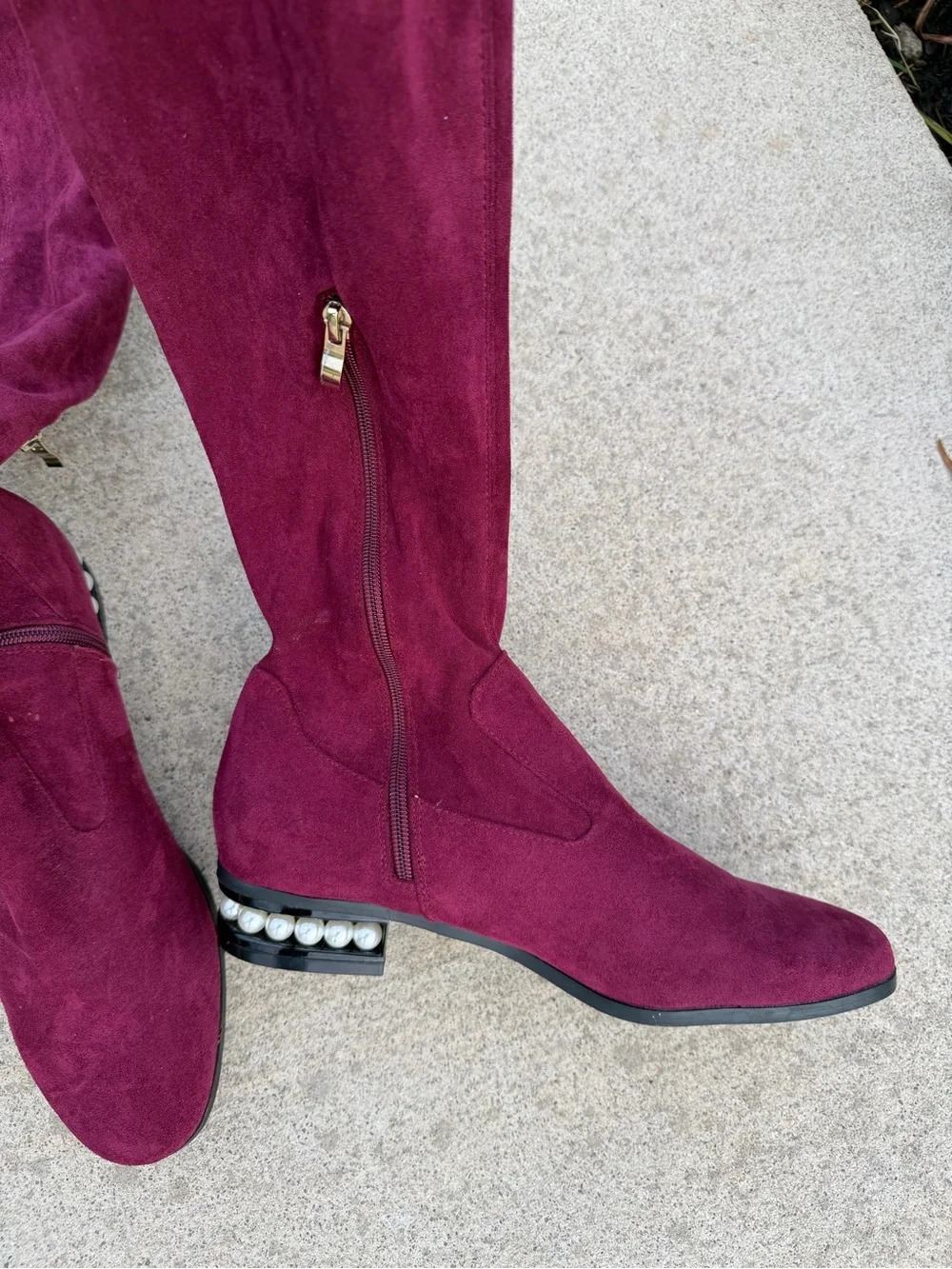 JustFab Noelle Pearl Heel Over The Knee Boots Burgundy Suede Tall